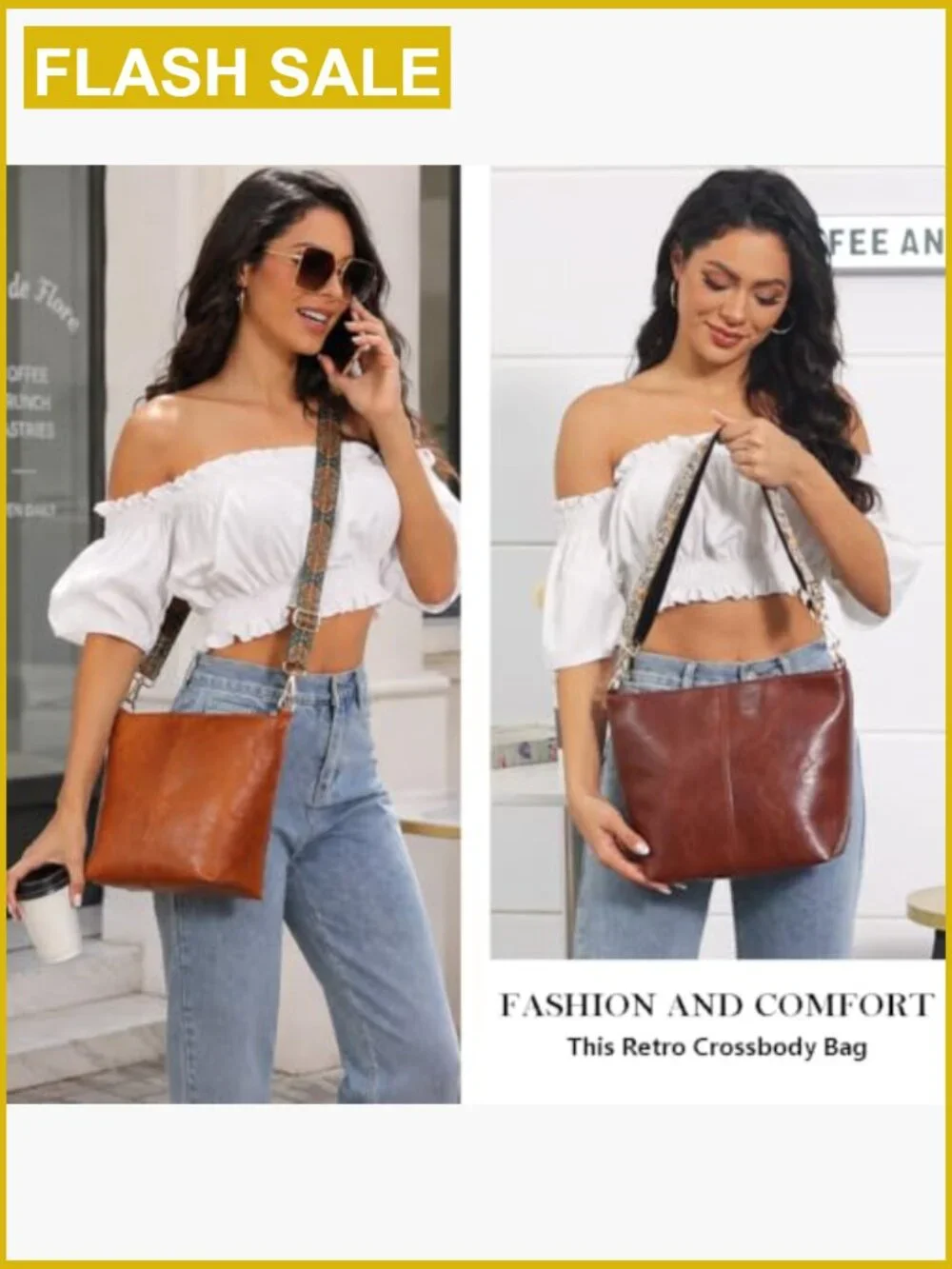 Vegan Leather Crossbody Hobo Bag with Guitar Strap, Large Capacity, Zipper